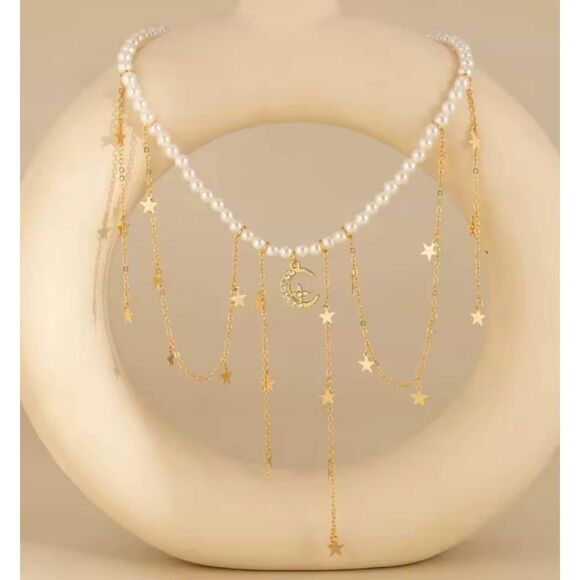 NWOT Moon and Stars Tassel Dangle Choker Necklace 17in - Picture 2 of 3